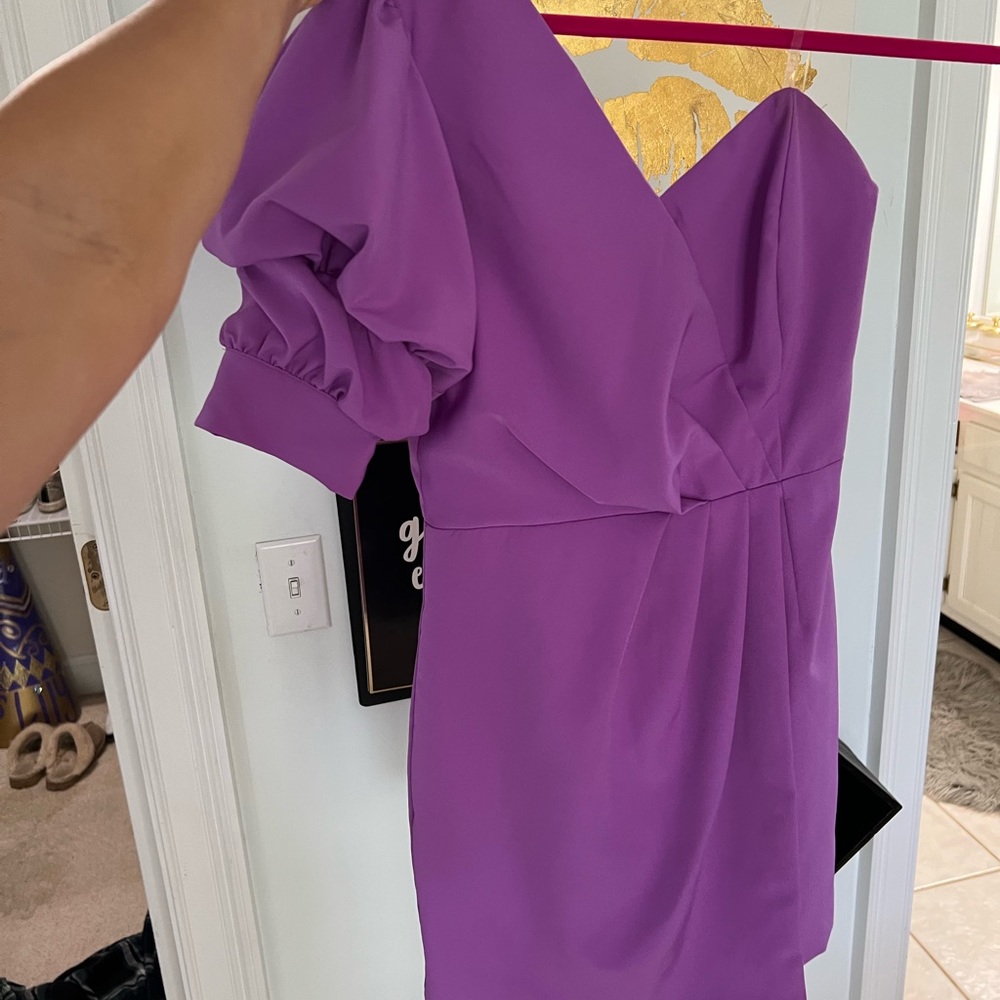 Boutique Poof sleeve one shoulder mini dress